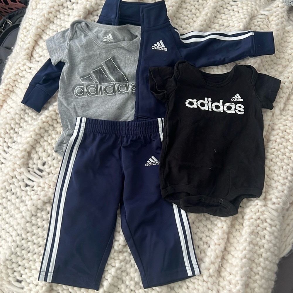 Adidas Dark Blue Tracksuit with White Accents and matching onesies